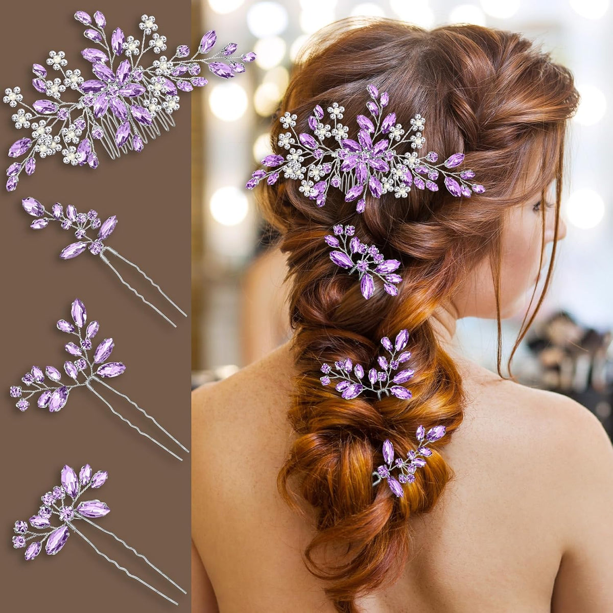 4 PCS Handmade Purple Hair Accessories Clips Lavender Lilac Pins Piece Combs Wedding