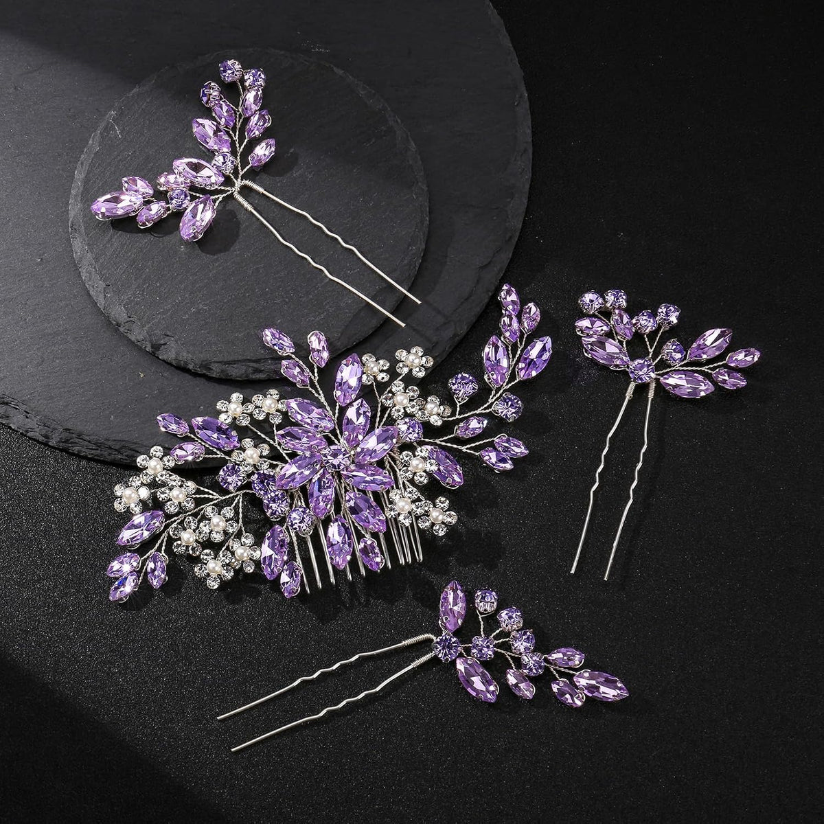 4 PCS Handmade Purple Hair Accessories Clips Lavender Lilac Pins Piece Combs Wedding