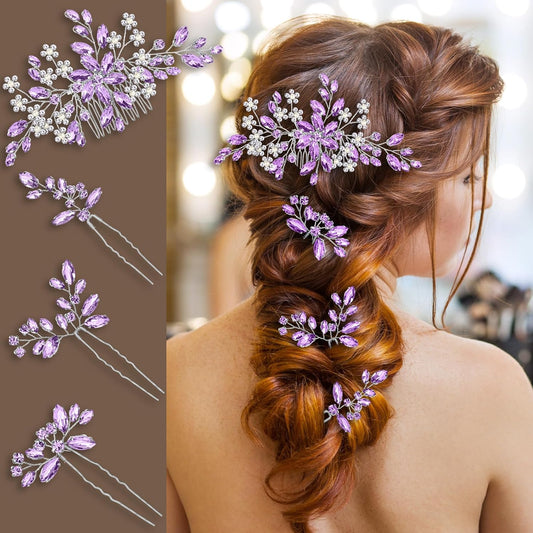 4 PCS Handmade Purple Hair Accessories Clips Lavender Lilac Pins Piece Combs Wedding