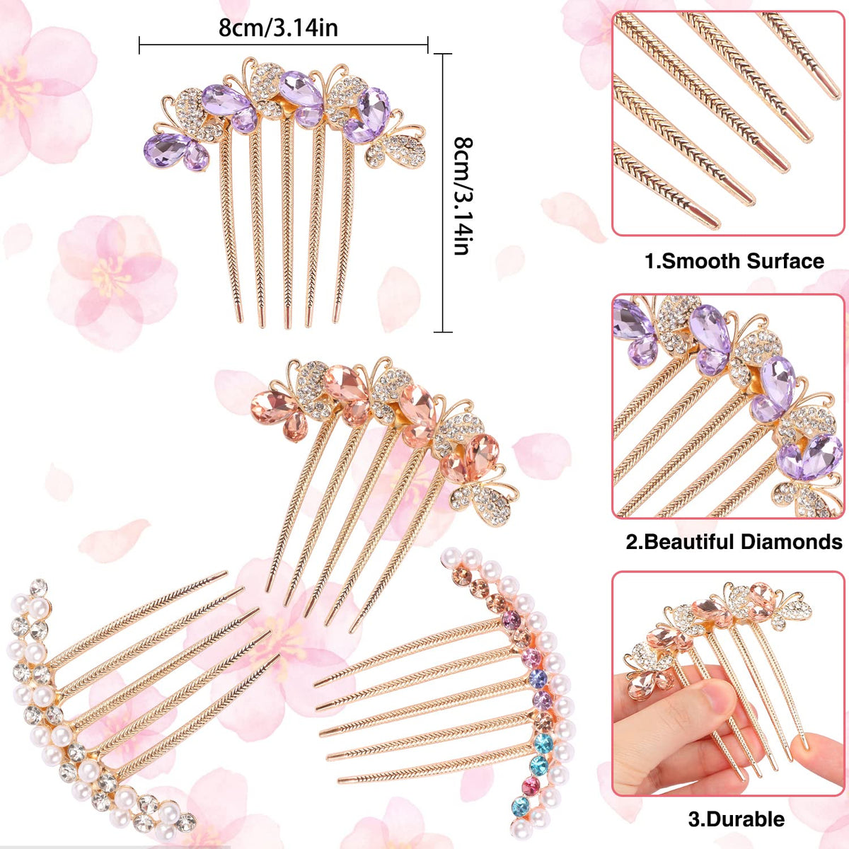 Hairbay Crystals Butterfly Hair Fork Clips for Updo Buns, Decorative French Twist Hair Pins, Vintage Styling Combs for Women and Girls